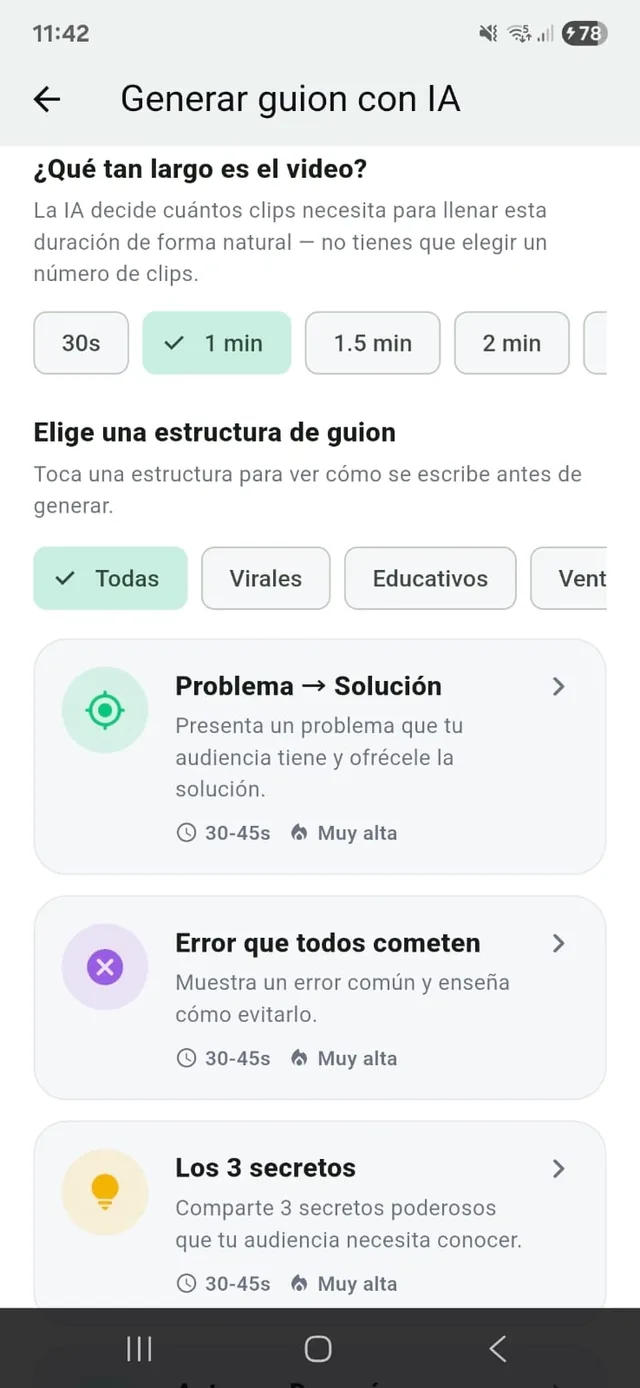 Pantalla Generar guion con IA con estructuras de guion