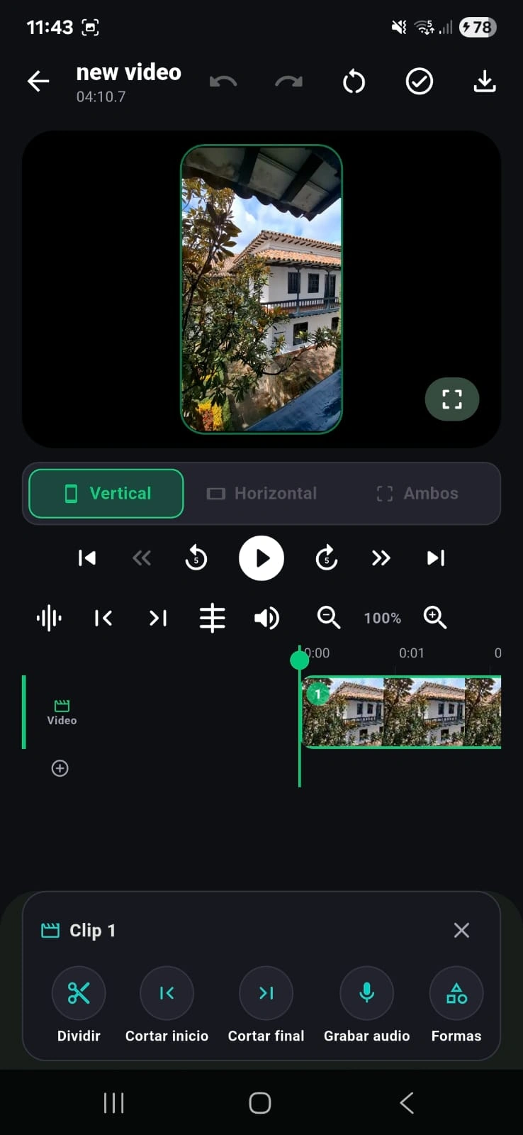 Editor con selector de formato vertical, horizontal o ambos