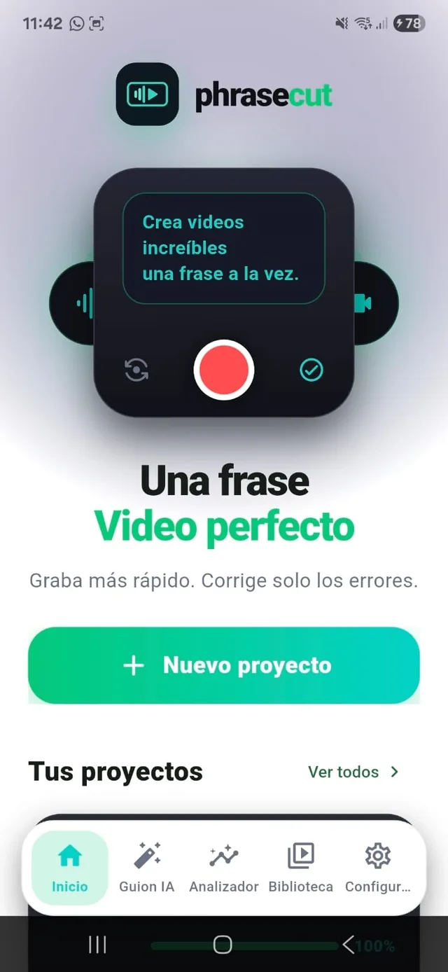 Pantalla de inicio del editor de video PhraseCut