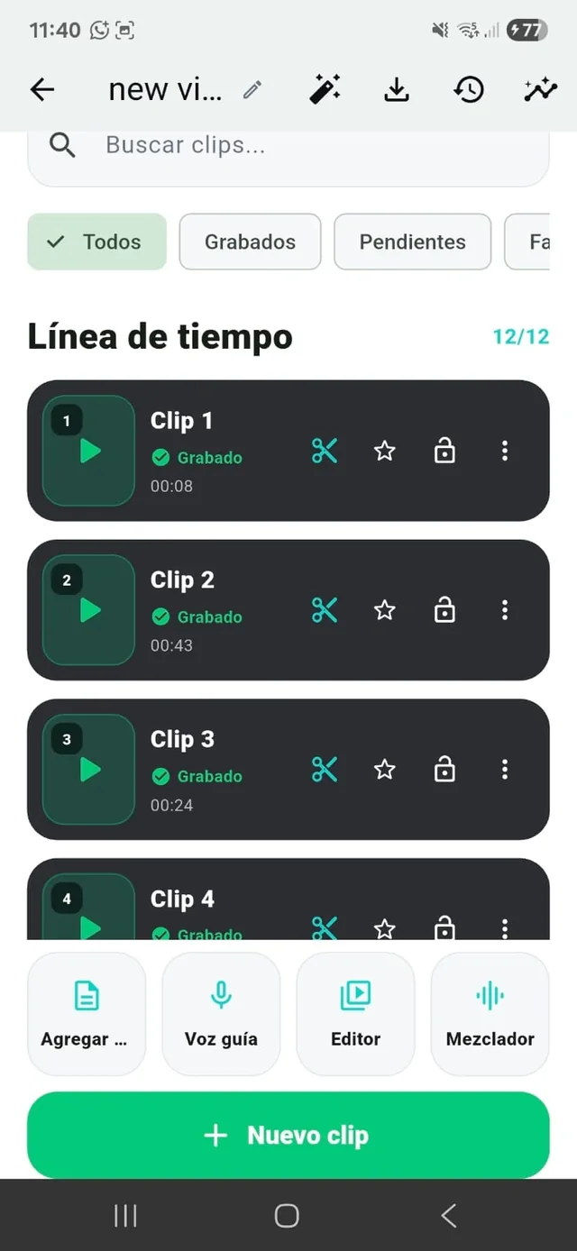 Línea de tiempo con clips grabados